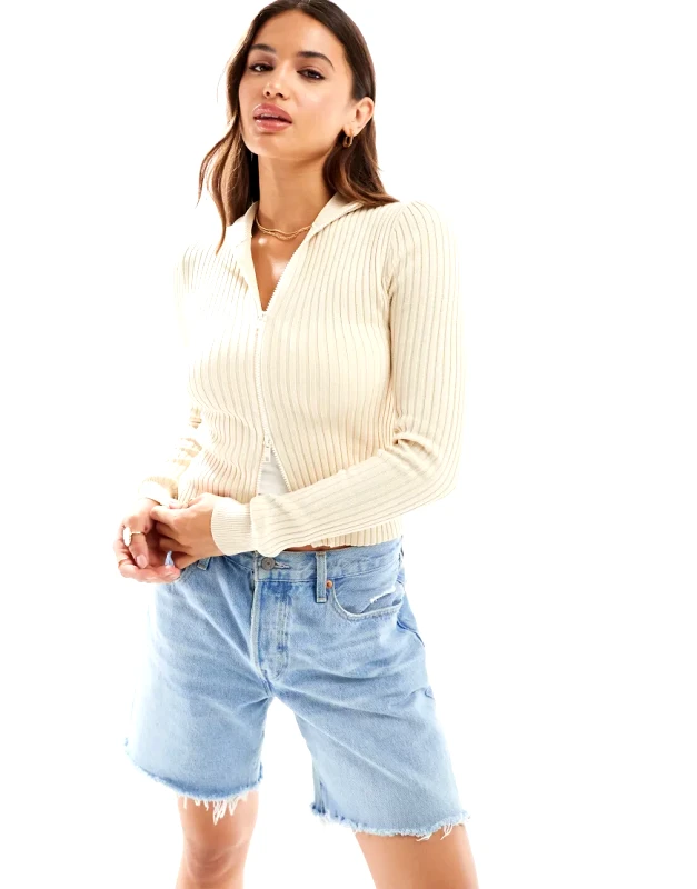 Cotton:On Cotton On double zip rib collar cardigan in ecru-White
