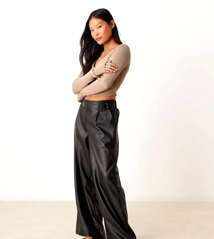 JDY Petite JDY Petite high waisted wide leg faux leather trousers in black