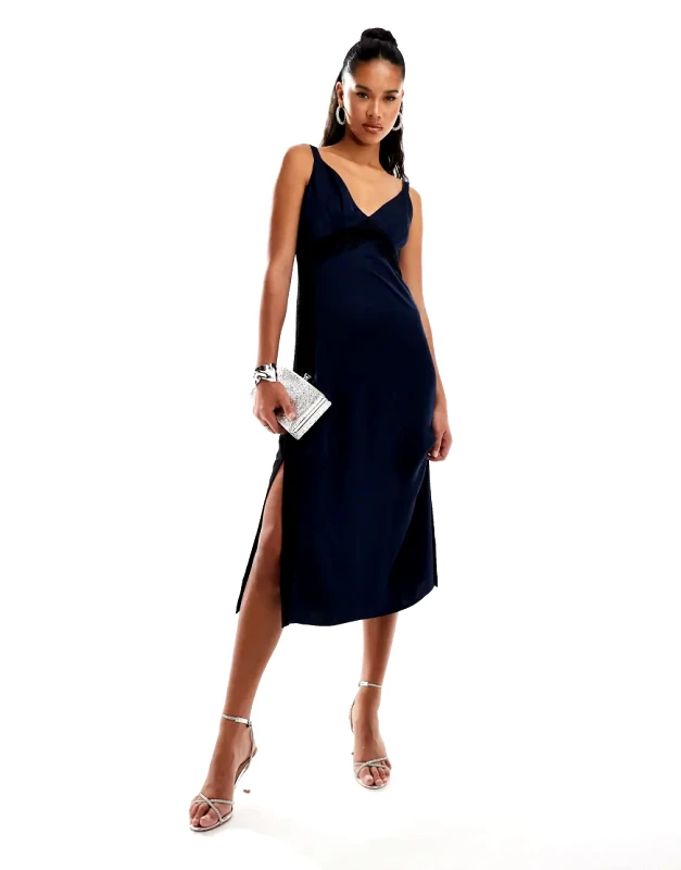 French Connection French Connection Ennis satin lace midi dress in navy