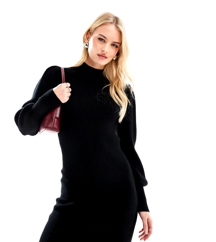 Only Tall ONLY Tall high neck jumper dress with bell sleeve in black