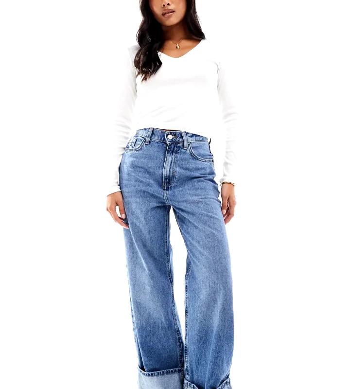 Only Petite ONLY Petite Hope high waist cuffed wide leg jeans in mid blue