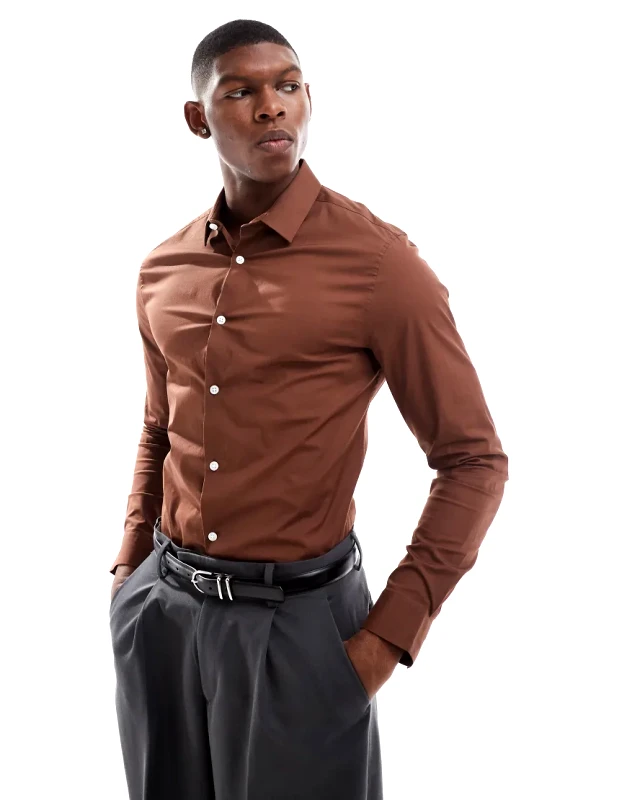 ASOS DESIGN ASOS DESIGN skinny poplin shirt with square collar in brown