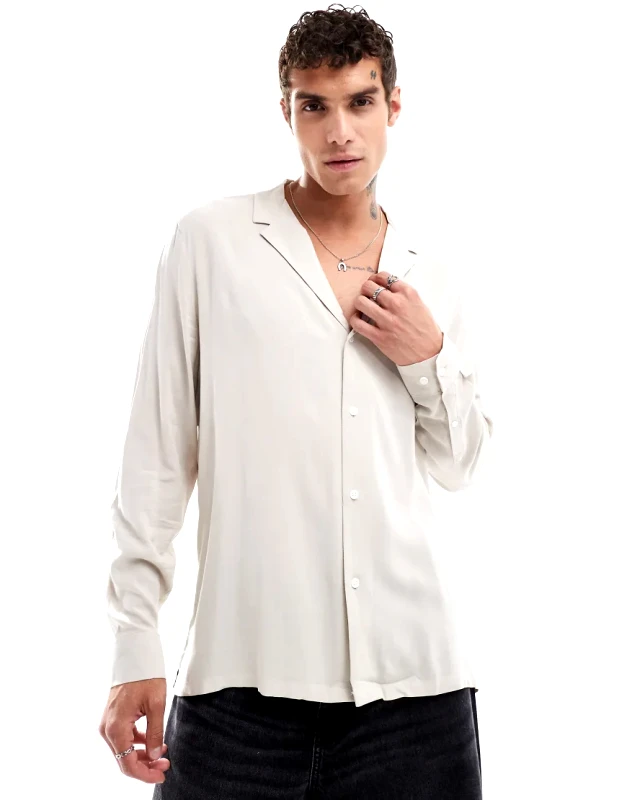 ASOS DESIGN ASOS DESIGN relaxed deep revere viscose shirt in stone-Neutral