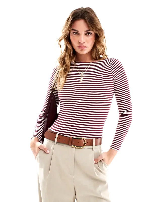 Miss Selfridge Miss Selfridge long sleeve boat neck bodysuit in stripe-Multi