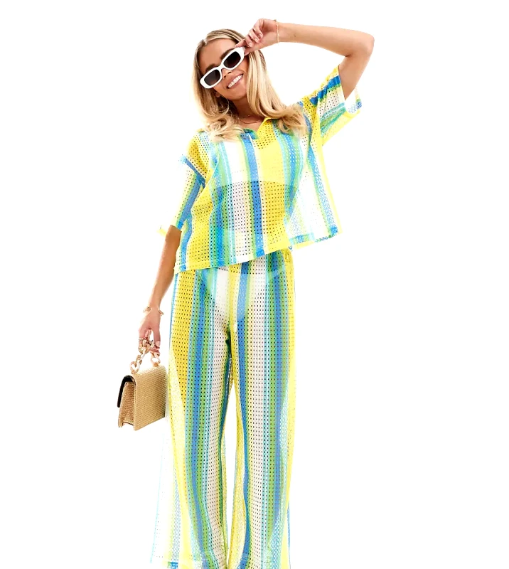 Extro & Vert Petite Extro & Vert Petite striped crochet trouser co-ord in multi stripe