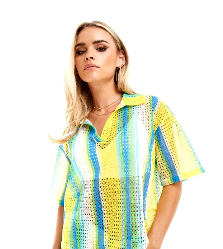 Extro & Vert Petite Extro & Vert Petite striped crochet shirt co-ord in multi stripe