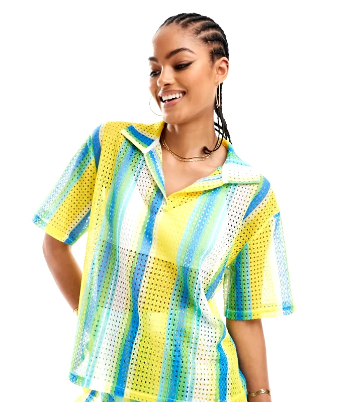 Extro & Vert Tall Extro & Vert Tall striped crochet shirt co-ord in multi stripe