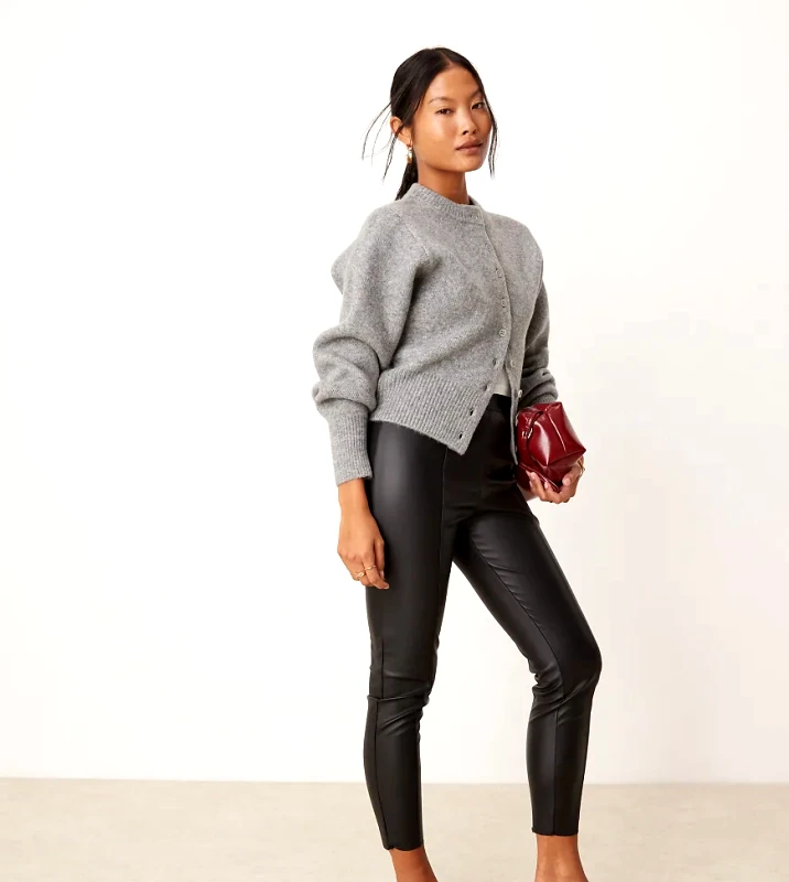 JDY Petite JDY Petite high waisted faux leather trousers in black
