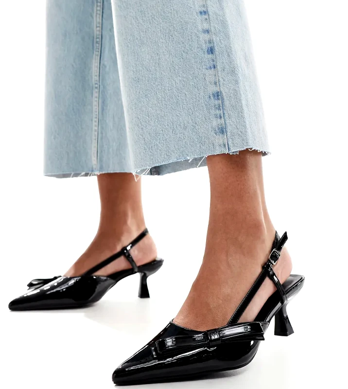 Glamorous Wide Fit Glamorous Wide Fit slingback kitten heeled shoes with bow in black