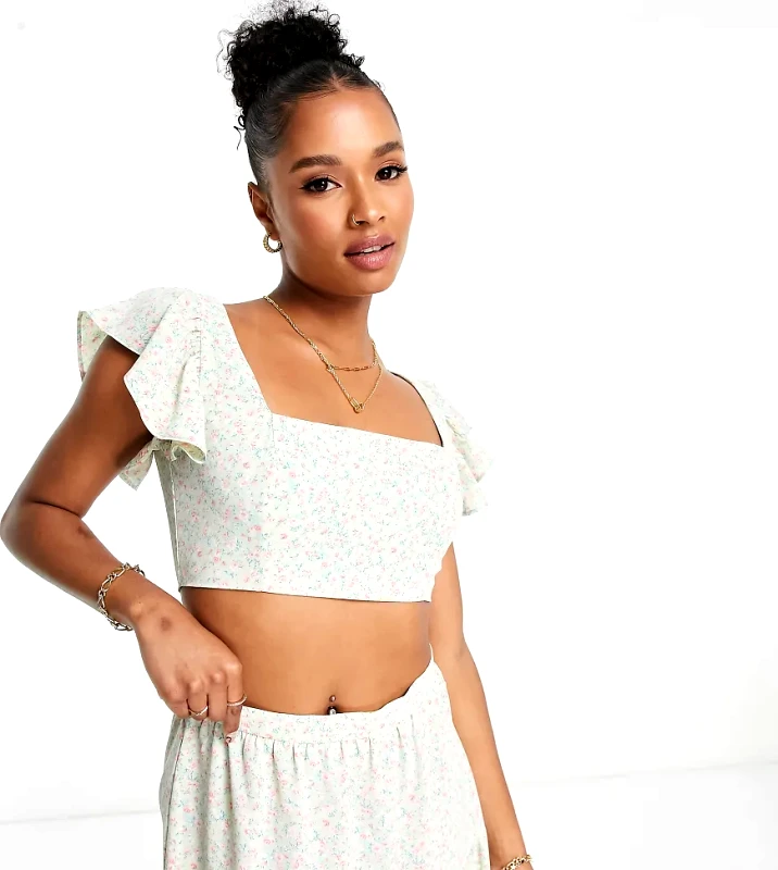 Collective The Label Petite Collective the Label Petite frill shoulder crop top co-ord in sage ditsy floral-Green
