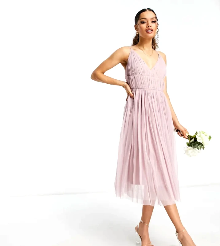 Beauut Beauut Petite Bridesmaid layered tulle midi dress in frosted pink