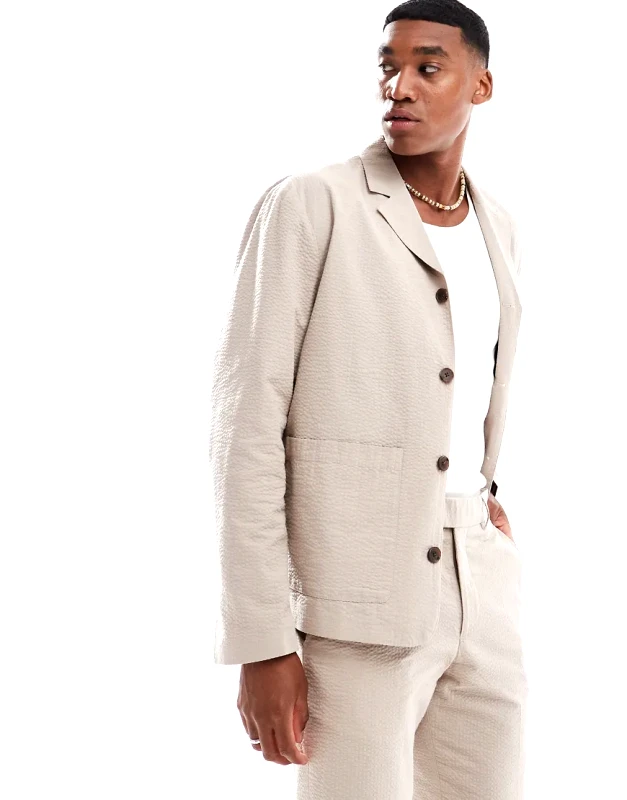 Selected Homme Selected Homme co-ord causal seersuker jacket in beige-Neutral