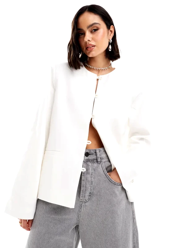 NA-KD NA-KD linen collarless jacket in white-Neutral