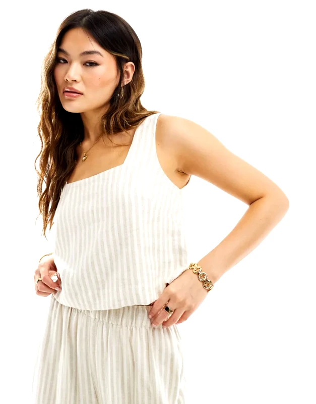 Abercrombie & Fitch Abercrombie & Fitch co-ord square neck linen blend top in beige and white stripe