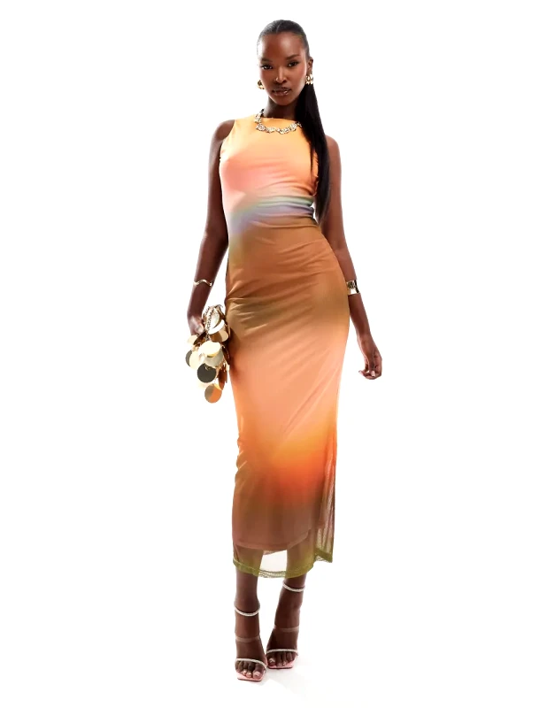 Rare Rare London mesh racer neck maxi dress in orange ombre-Multi
