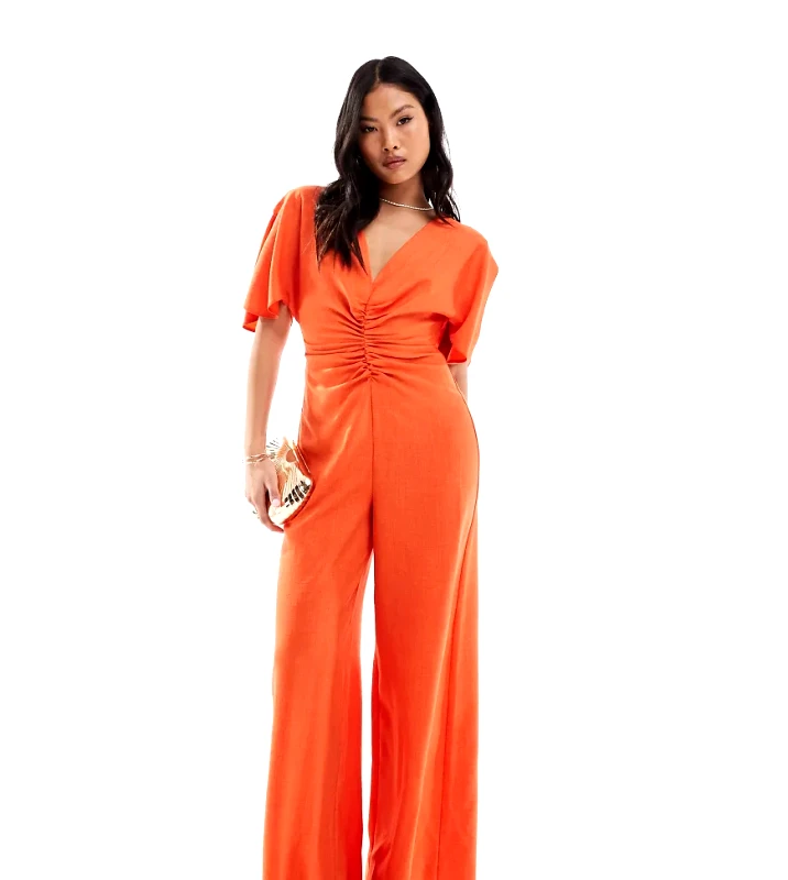 ASOS Petite ASOS DESIGN Petite ruched front cut out back jumpsuit in orange