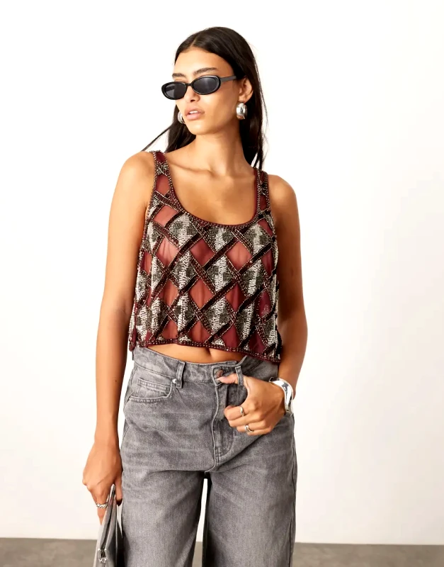 ASOS EDITION ASOS EDITION geo embellished cut work vest top in red-Multi