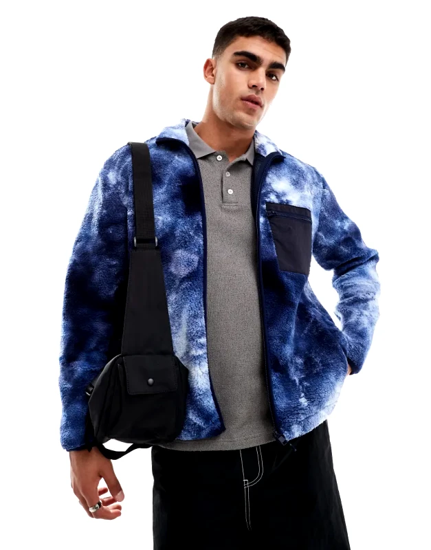 ONLY & SONS ONLY & SONS zip through sherpa fleece with chest pocket in blue print-Navy