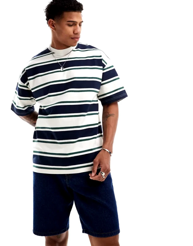 Selected Homme Selected Homme oversized heavy weight t-shirt in cream green navy stripe-Multi