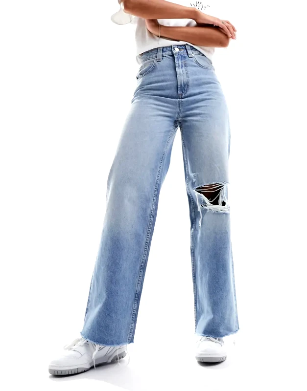 ASOS DESIGN ASOS DESIGN wide leg dad jeans with rips in mid blue