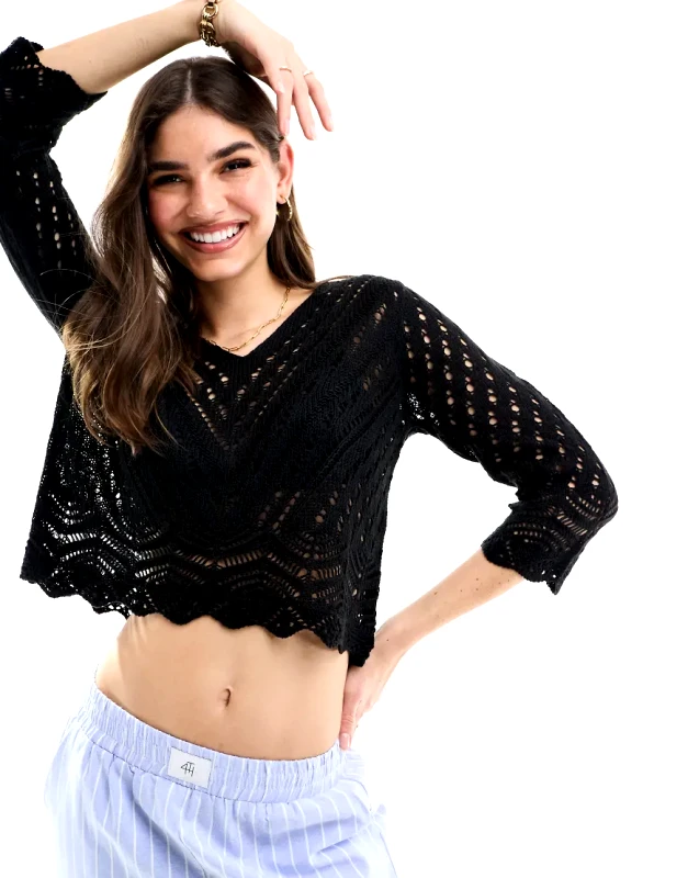 JDY JDY open knit scallop edge top in black