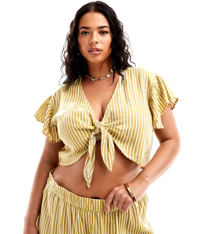 Noisy May Curve Noisy May Curve linen mix tie front top co-ord in yellow stripe