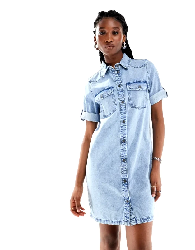 Noisy May Noisy May rolled sleeve denim mini dress in light blue wash-Black
