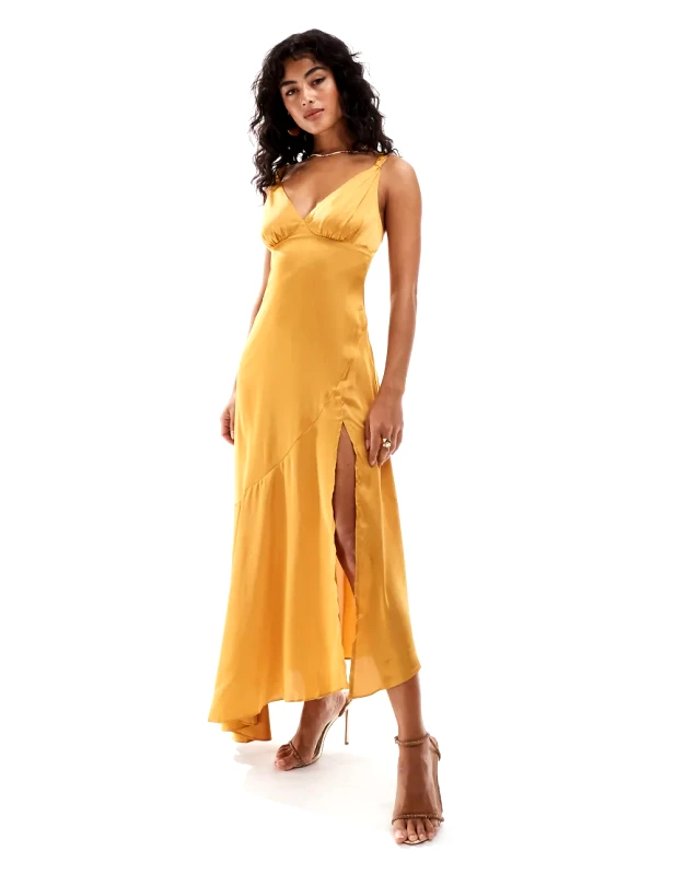 TFNC TFNC satin maxi dress with panelled skirt in marigold-Yellow