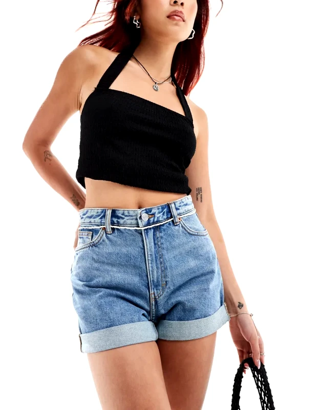 Monki Monki Tallie turn up denim shorts in mid blue