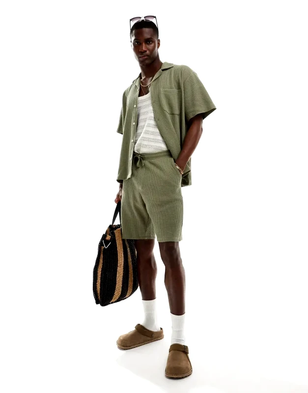 Selected Homme Selected Homme co-ord waffle shorts in khaki-Green