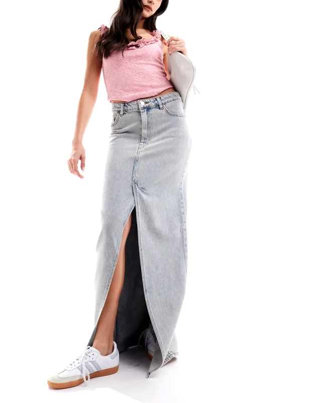 Monki Monki midaxi denim skirt with front split in beige wash-Neutral