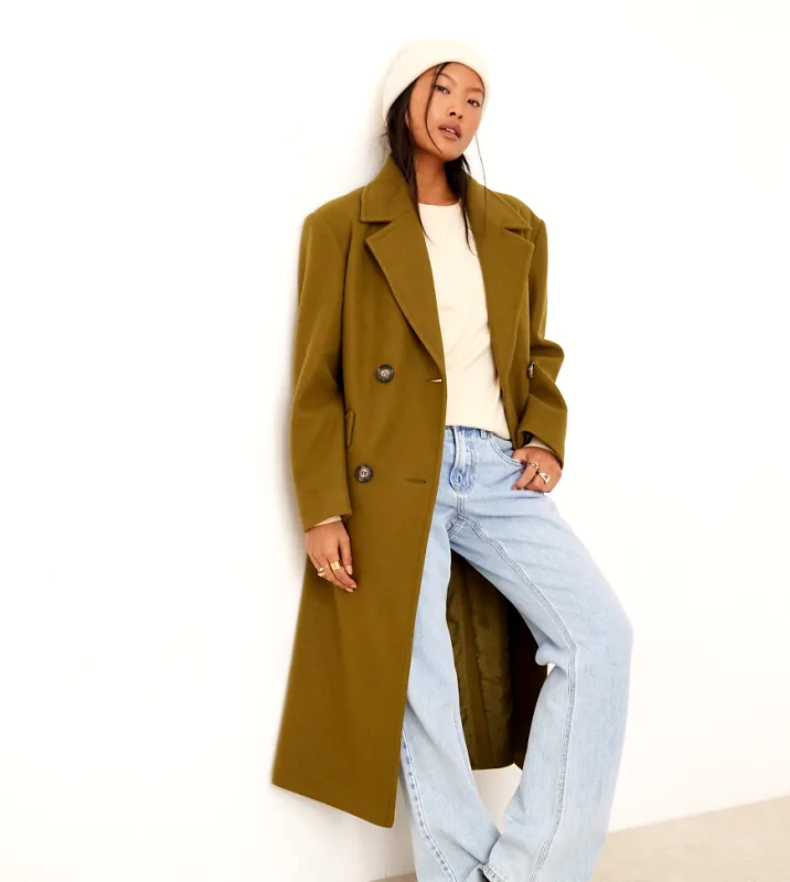 Miss Selfridge Petite Miss Selfridge petite belted wrap formal coat in khaki-Green