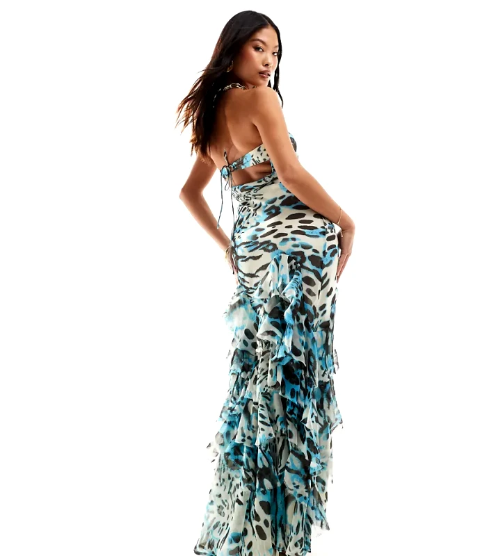 ASOS Petite ASOS DESIGN Petite bandeau extreme ruffle hem maxi dress in blue leopard print-Multi