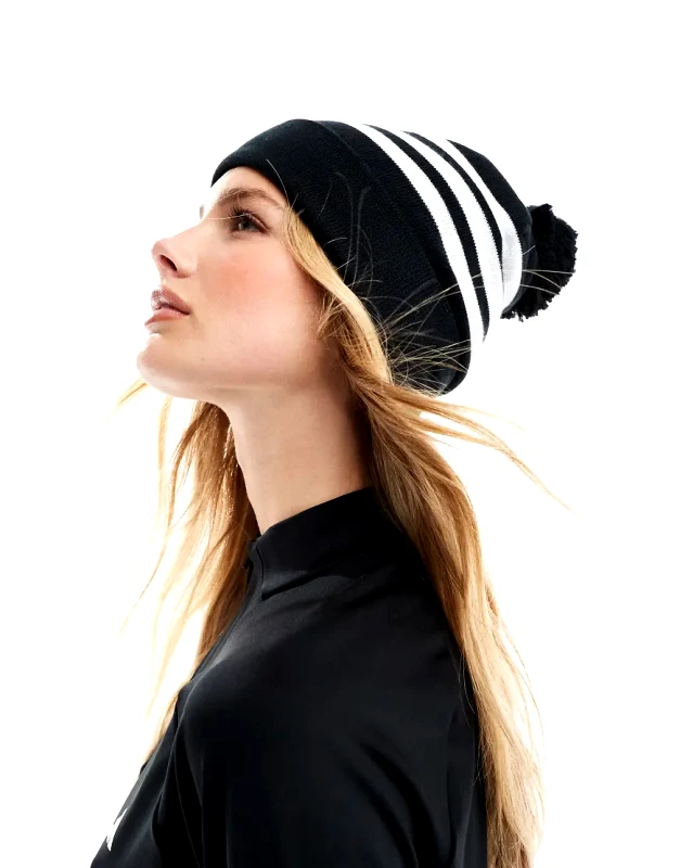 adidas performance adidas Performance 3 stripe beanie with pom-pom in black