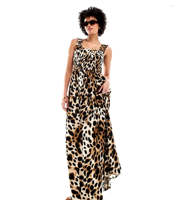 JDY Tall JDY Tall shirred top maxi dress in leopard print-Brown