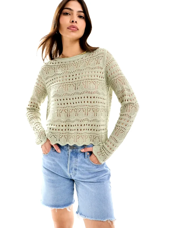JDY JDY boatneck broderie long sleeve top in sage-Green