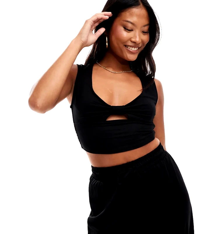 Only Petite ONLY Petite shirred cropped top co-ord in black