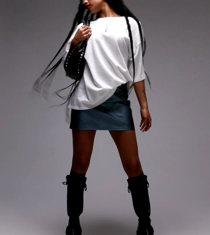 Topshop Petite Topshop Petite faux leather panelled seam pelmet skirt in metallic airforce blue