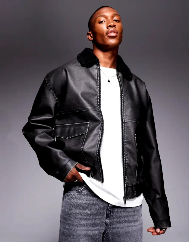 ASOS DESIGN ASOS DESIGN faux leather distressed flight jacket with borg collar in black