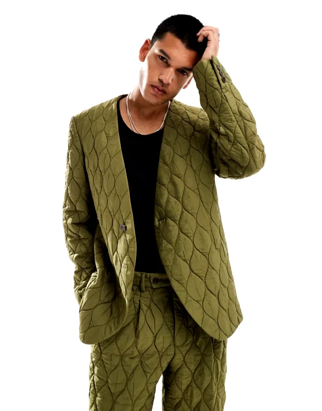 Viggo Viggo casual oversized suit jacket in quilted khaki co-ord-Green