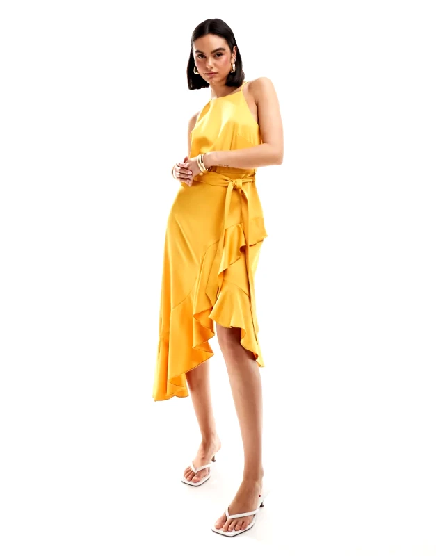 Style Cheat Style Cheat halterneck ruffle midi dress in marigold-Yellow