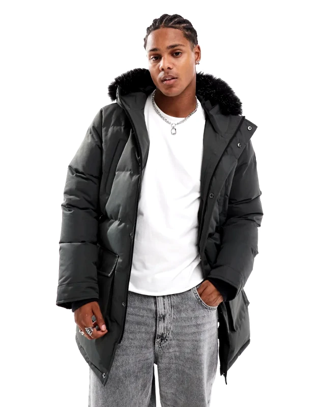 Brave Soul Brave Soul padded parka jacket with faux fur hood in charcoal grey