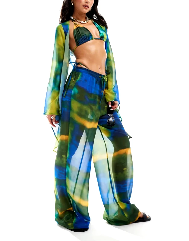 Style Cheat Style Cheat wide leg beach trousers in marble print co-ord-Multi