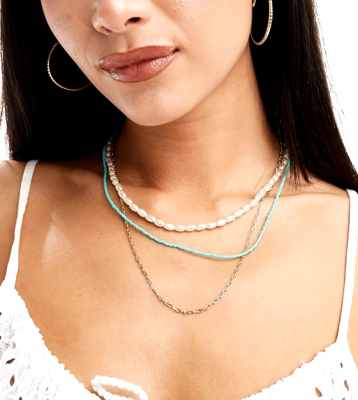Orelia Orelia gold plated turq & pearl 3 row necklace in turquoise