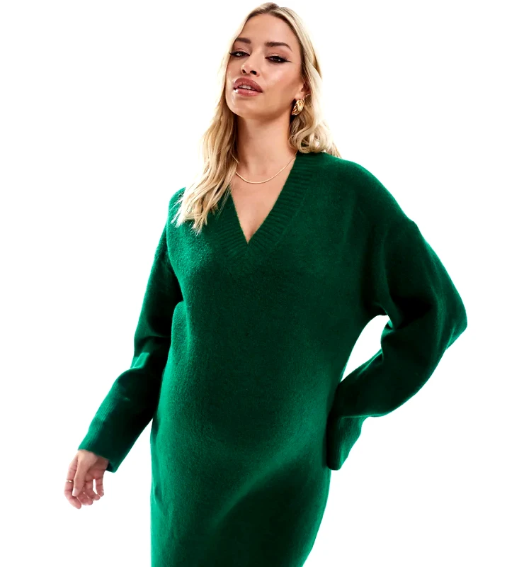 ASOS Maternity ASOS DESIGN Maternity knitted v neck midaxi dress in dark green