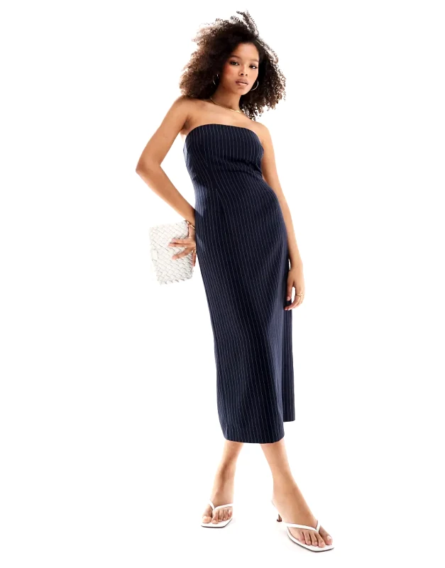Edited Edited strapless tailored midi dress in navy pinstripe