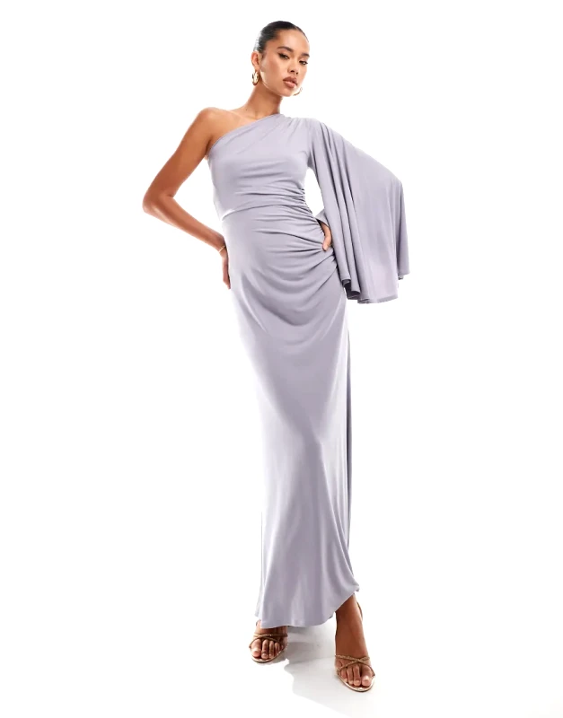 Flounce London Flounce London one shoulder jersey maxi dress with sleeve and fishtail skirt in grey