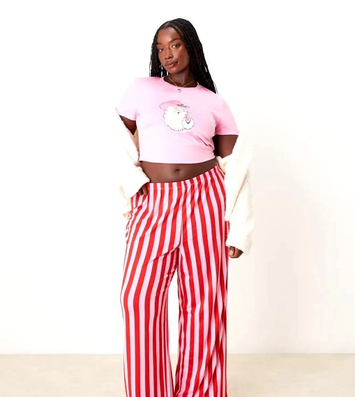 Urban Threads Urban Threads Curve Christmas cowboy santa poly long sleeve sweat and jogger pyjama set in pink and red stripe print-Multi
