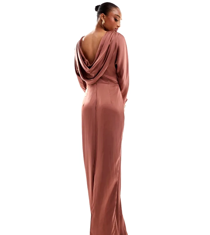 TFNC Tall TFNC Tall long sleeve satin cowl back maxi dress in mulberry-Red