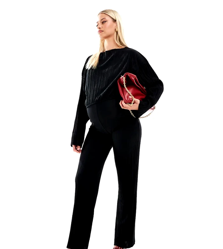 Mama.licious Mamalicious Maternity wide leg plisse trouser co-ord in black